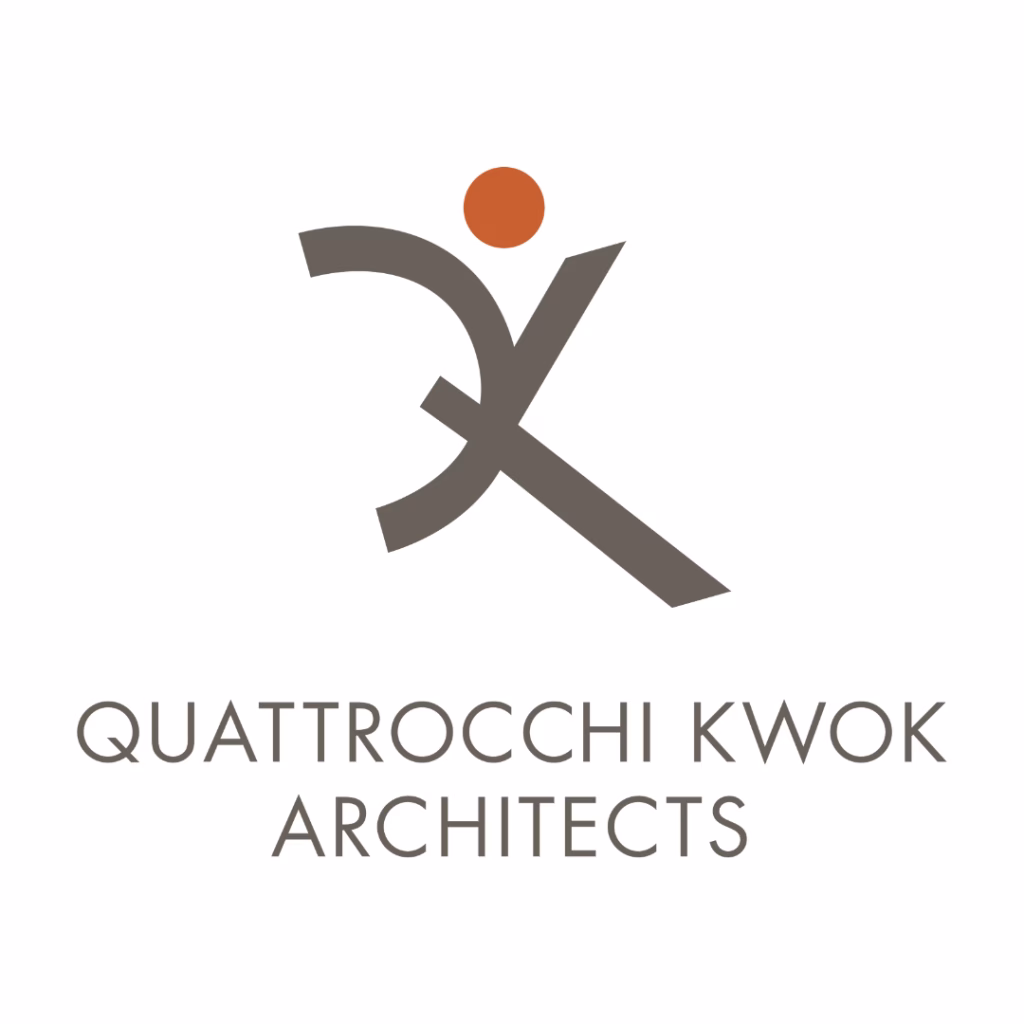 Logo for Quattrocchi Kwok Architects featuring abstract shapes forming a stylized QKA with a brown design and an orange dot above, and the company name written below in uppercase letters.