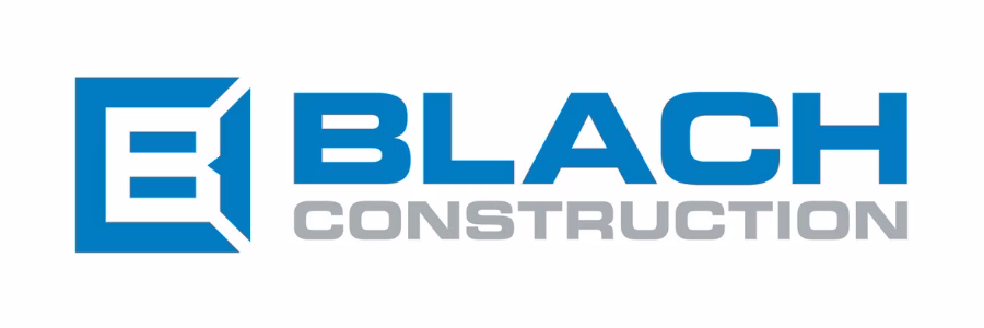 Blach Construction logo with a stylized blue letter B in a square on the left and the words BLACH CONSTRUCTION in blue and gray text to the right.