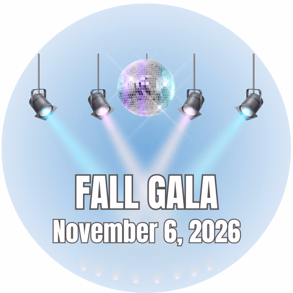 A shiny disco ball and spotlights shine above bold text that reads, “FALL GALA November 6, 2026,” against a light blue circular background.