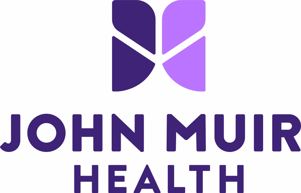 John Muir Health logo featuring a geometric, abstract design in purple shades above the words JOHN MUIR HEALTH in bold, uppercase purple letters.