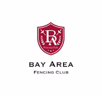 Logo for Bay Area Fencing Club featuring a red shield with crossed swords, laurel branches, and the white letters BA above the words Fencing Club. The club name appears below the shield.