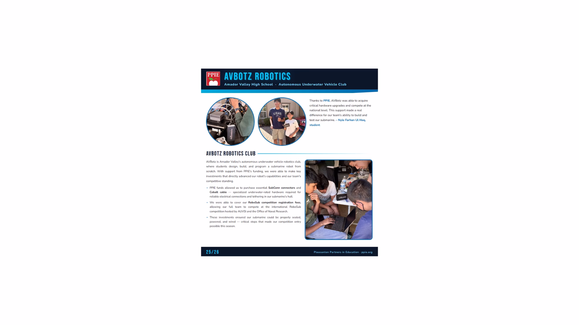 A brochure page titled “AVBOTZ ROBOTICS” shows the Palos Verdes High School Autonomous Underwater Vehicle Club, with two photos of students working on robotics projects and a description of the club’s activities.